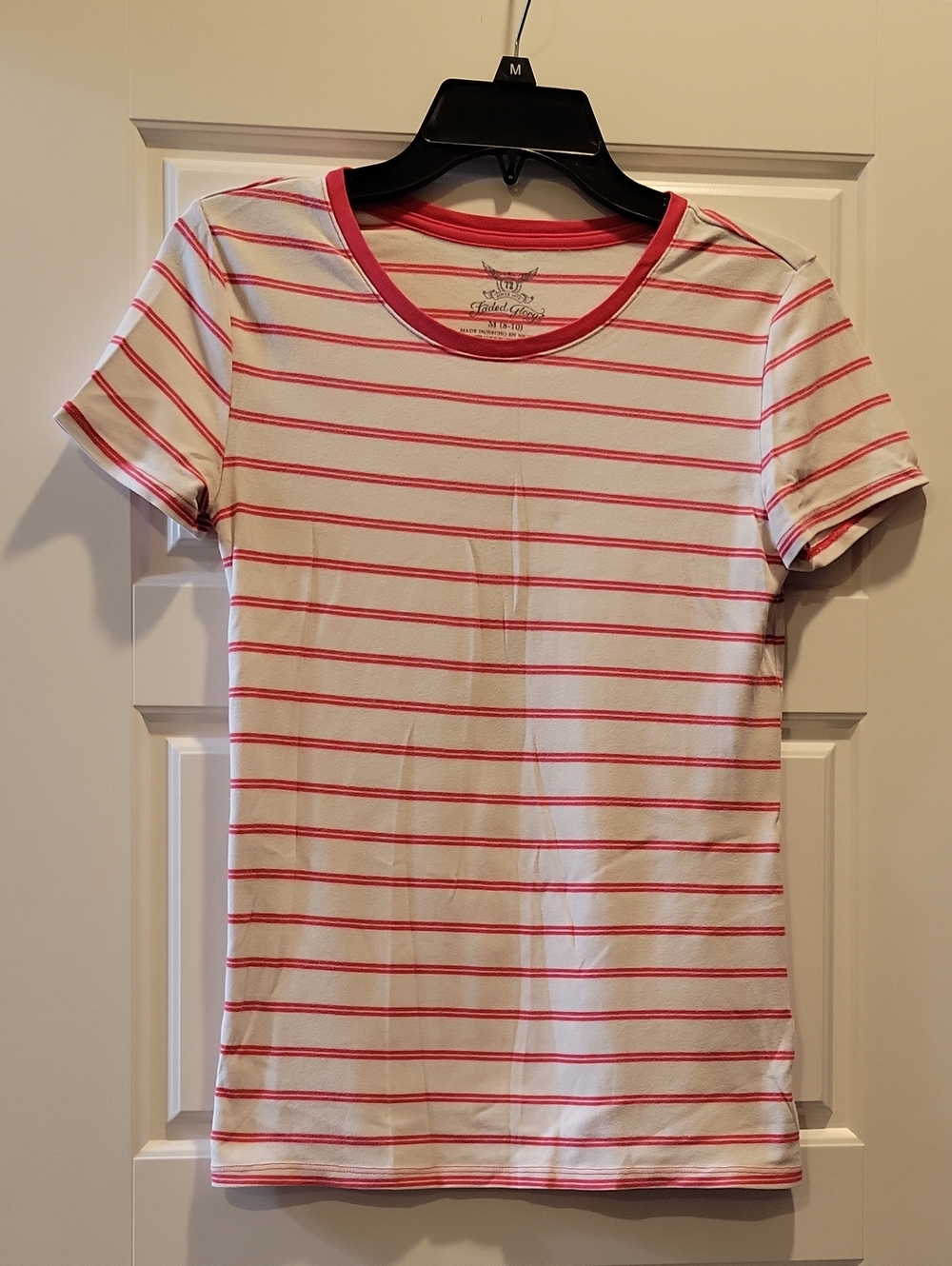 Faded Glory White Tee with Pink Stripes - Crew Neck